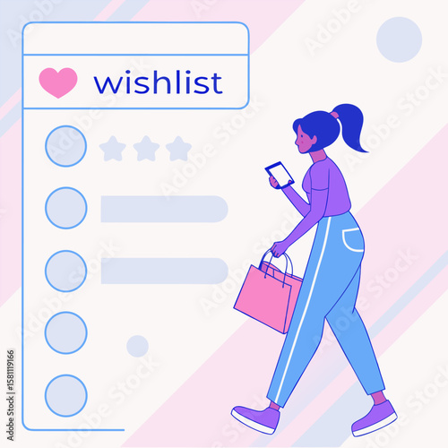 Illustration of a woman with shopping bag looking at her phone next to a wishlist interface display