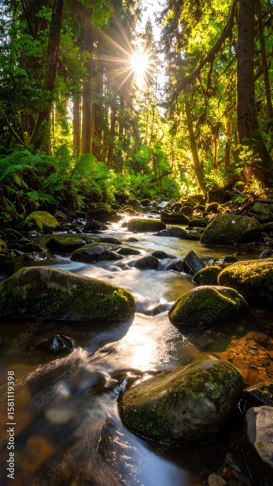 Fototapeta premium Sunlight streams through mossy forest stream