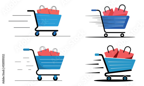 Shopping cart icons with motion effect and red bags for e-commerce and retail
