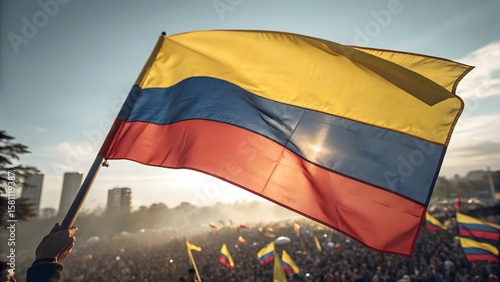 Colombia Independence Day- Colombian flag waves in the sun over a cheering crowd at a rally
