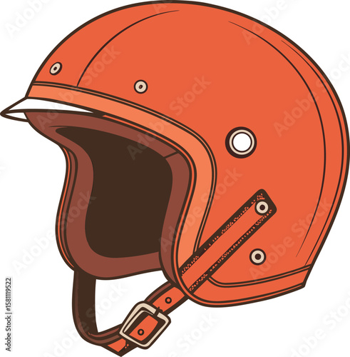 Vector art of a vintage orange motorcycle helmet with a white brim isolated on a white background