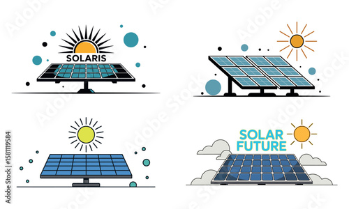 Solar panel energy concept illustrations with sun and clean renewable power symbols
