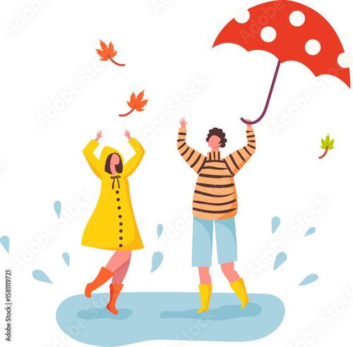 Happy man and woman wearing rain boots and enjoying autumn rain, woman wearing yellow raincoat and playing with falling leaves, man holding red umbrella