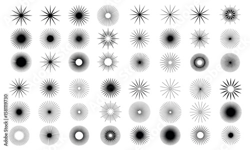 Abstract radial sunburst shapes collection with black and white circular decorative design elements
