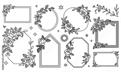 Collection of decorative floral frames and geometric borders for wedding and invitation design
