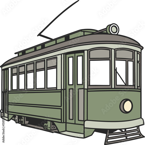 Vector art of a vintage green tram or streetcar with large windows and overhead power lines