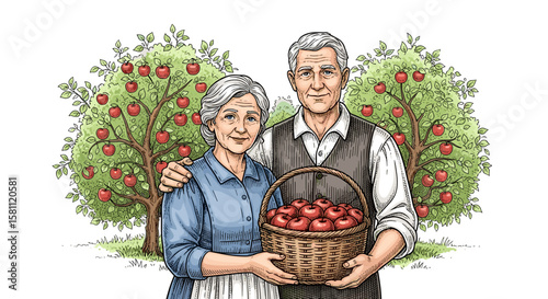 Elderly couple holding basket of apples in apple orchard setting  