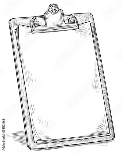 Blank clipboard with clip in sketch illustration style  