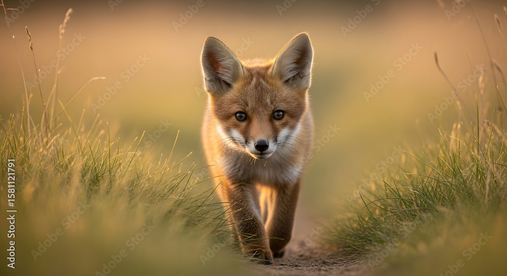 Obraz premium Young fox emerging from tall grass, golden tones and soft background 