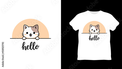 Cute Cat Peeking with Hello Slogan T Shirt Design for Pet Lovers