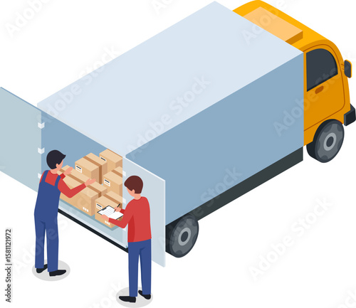 Two delivery men managing cardboard boxes inside a truck, one checking the contents while the other writing notes on a clipboard, ensuring efficient logistics and organization