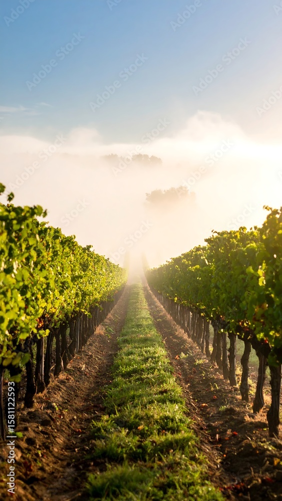 Naklejka premium Sunlit vineyard path through morning mist