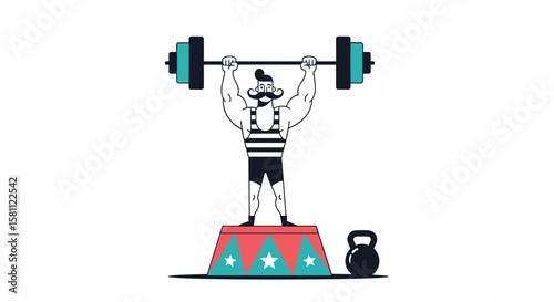 Strongman athlete lifts heavy barbell overhead on stage with kettlebell beside him