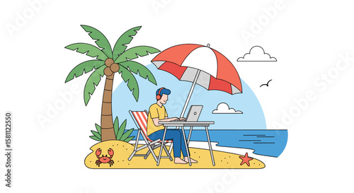 Digital nomad working on laptop under umbrella on tropical beach with palm tree and ocean view