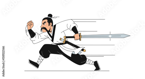 Dynamic martial artist in motion swinging a powerful sword with intense focus and athletic stance