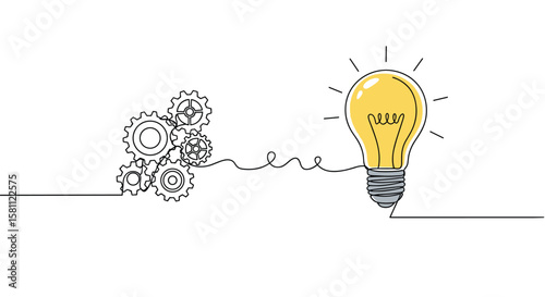 Gears connecting to a light bulb showing innovation and creative idea generation