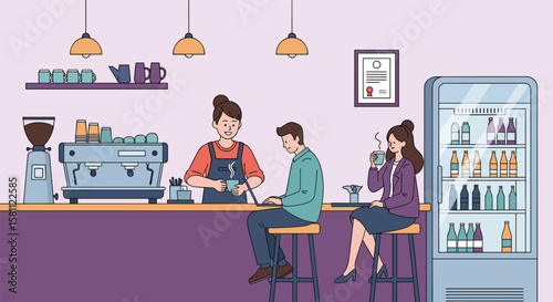 Enjoying coffee and conversations inside a lively modern cafe with customers and staff