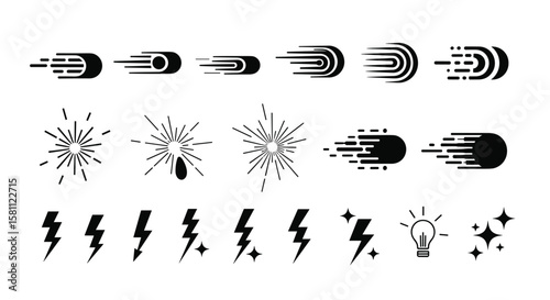 Collection of motion speed effects and energetic symbols for design projects