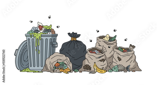 Overflowing bins and garbage bags with flies buzzing around a messy street scene