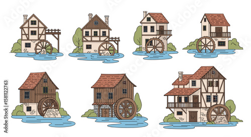 Collection of old historic watermill buildings situated on water with trees