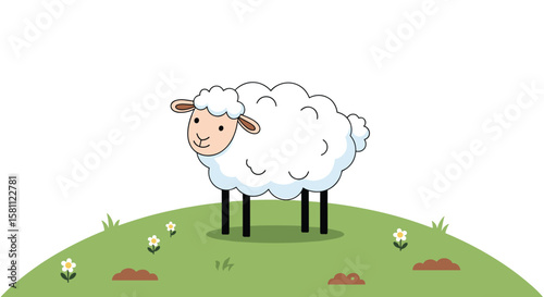 Cute cartoon sheep standing on a green grassy hill with flowers and dirt mounds isolated on white background