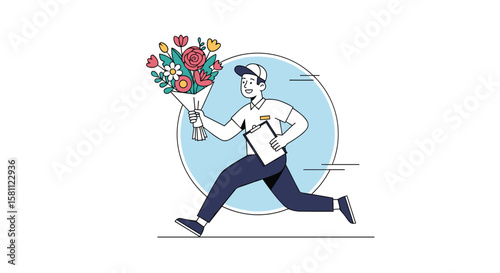 A cheerful courier delivering a bouquet of fresh flowers with a smile
