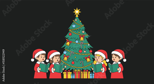 Children in santa hats sing christmas carols around a decorated tree