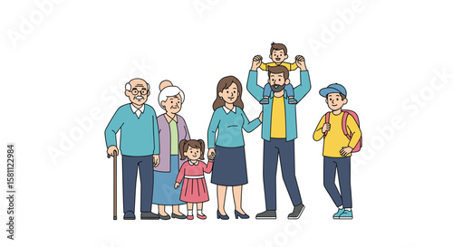 A diverse multigenerational family standing together portrait illustration