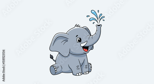 Joyful baby elephant sprinkling water with its trunk a cute cartoon animal illustration