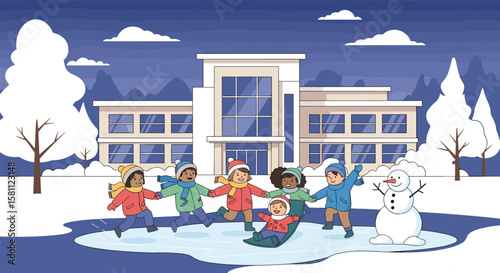 Happy children playing together outside their school building during winter season fun
