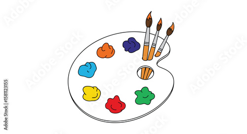 An artistic painters palette with various colors of paint and brushes showing creativity and imagination