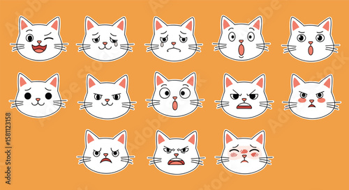 Collection of adorable animated cat faces expressing various emotions with simple designs