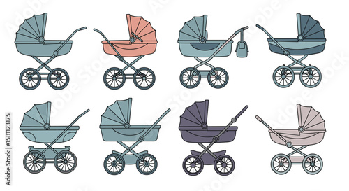 Collection of vintage baby strollers in different colors and designs for modern parenting needs