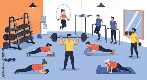 People exercising and lifting weights in a brightly lit modern gym training together