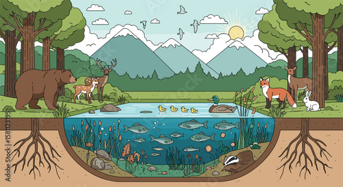 Biodiversity in a forest ecosystem revealing interconnected life above and below ground