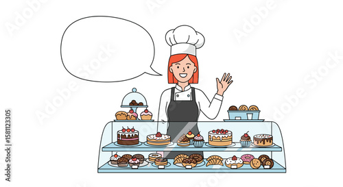 Happy baker presents delicious pastries and cakes in a display case suggesting bakery business