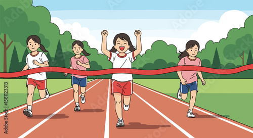 Children's school sports day track and field race victory celebration