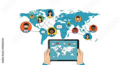 Global connectivity connecting people across continents through digital technology and social networks facilitating worldwide communication and collaboration