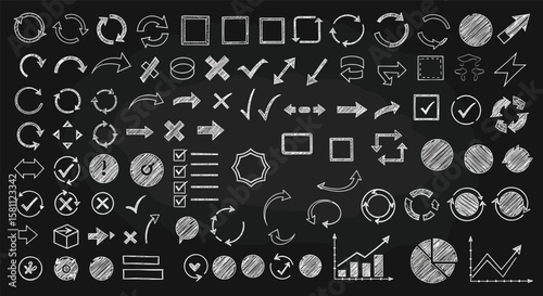 Hand drawn chalkboard arrow and shape icons collection for design projects
