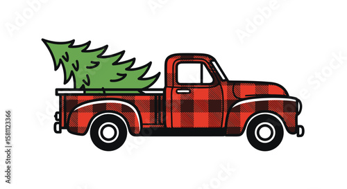 Vintage red plaid pickup truck delivering christmas tree holiday season cheer