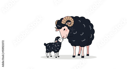 A black sheep nuzzles its little lamb in a tender moment of affection