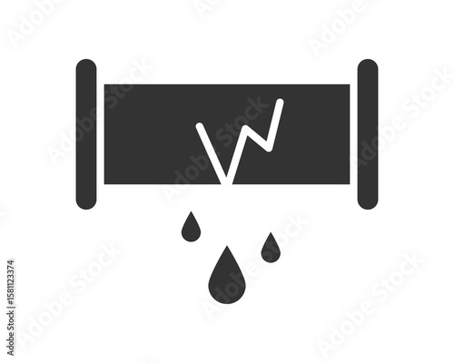 Cracked pipe vector icon with dripping liquid. Symbol of damage, maintenance, plumbing problems, or resource waste. Use for diagrams or infographics.