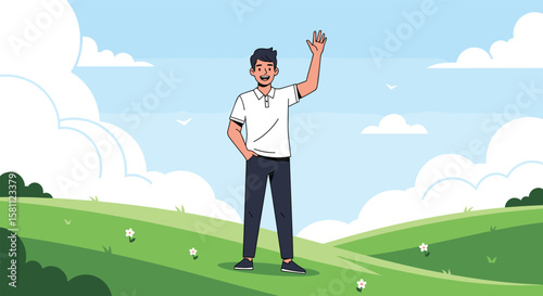 Happy golfer waves hello on a sunny day on the golf course