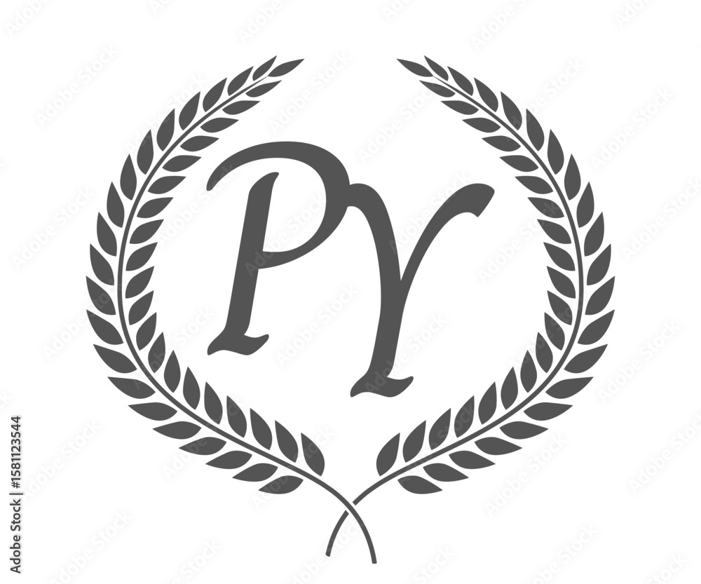 Naklejka premium Initial letter P and Y, PY monogram logo design with laurel wreath. Luxury calligraphy font.
