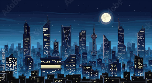 Pixelated cityscape under a full moon on a clear night