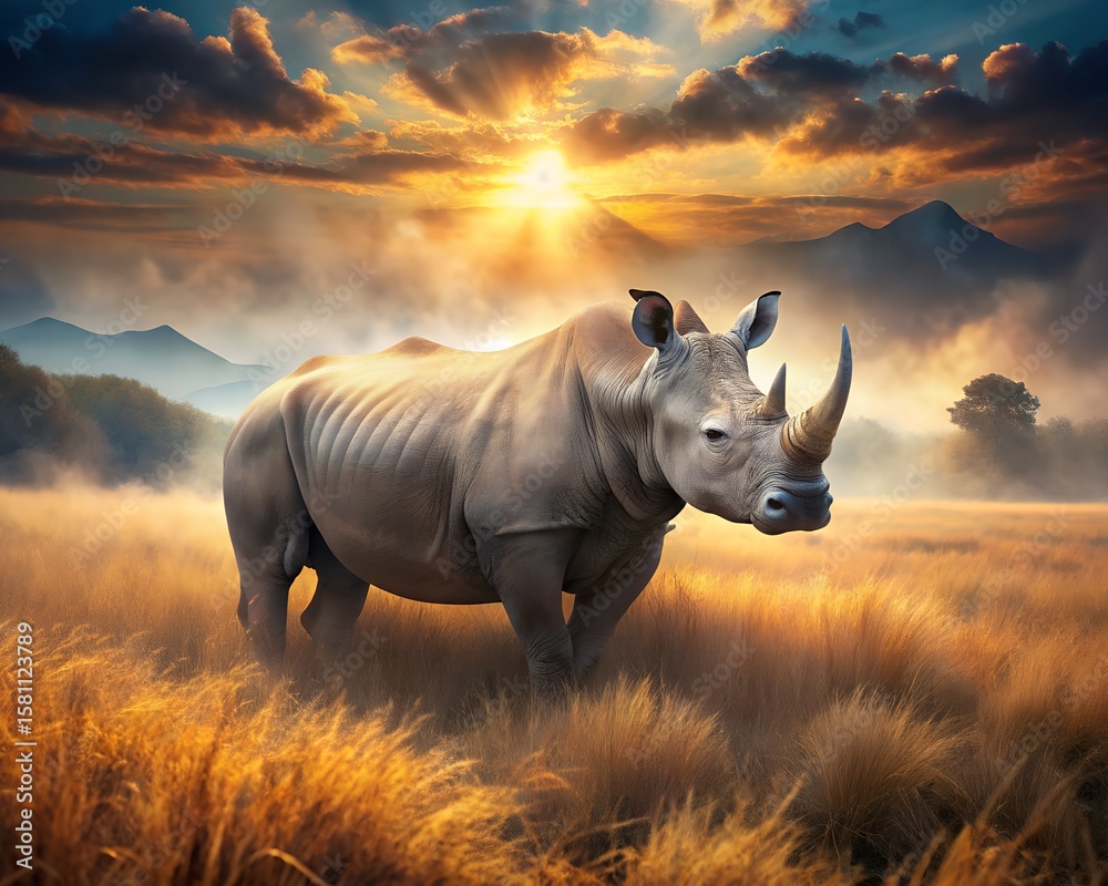 Obraz premium A rhinoceros stands in a golden grassland at sunset