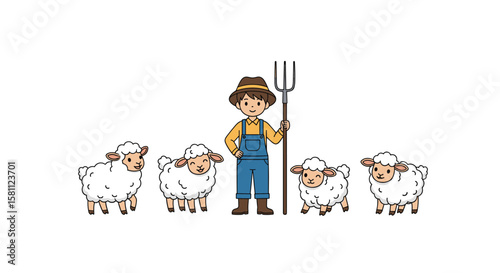 Farmer and his cute sheep flock standing together on a farm meadow