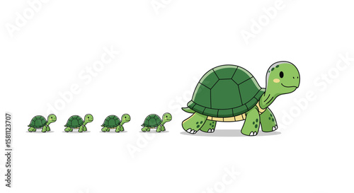A large mother tortoise leads a line of smaller baby tortoises across a white background