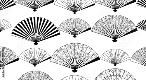 Elegant decorative folding hand fans pattern oriental style with traditional motifs