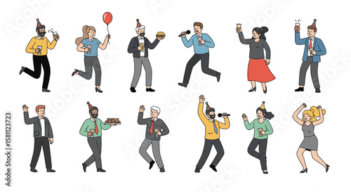 Collection of happy people celebrating with party hats and drinks having fun